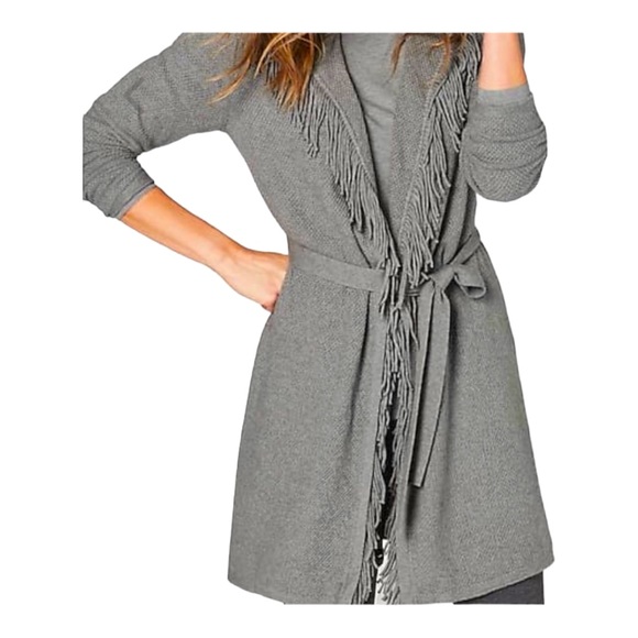 J. Jill Sweaters - J. Jill Gray Fringe Belted Cardigan